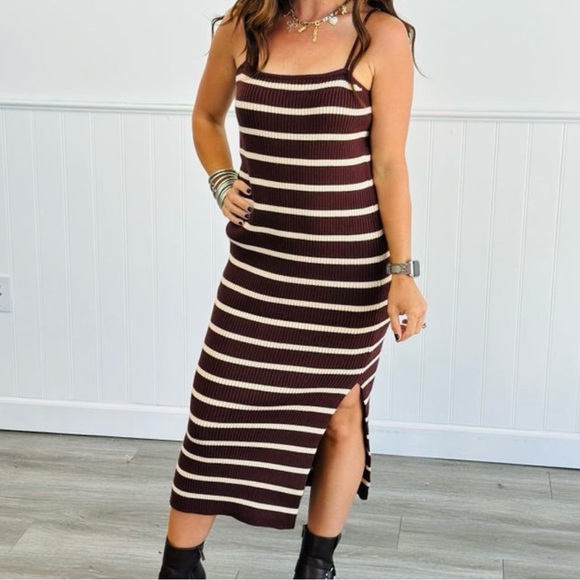 NWT 2 Piece Sweater Cardigan & Dress Set, in Dark Brown and Cream striped, Sz L - Picture 2 of 6